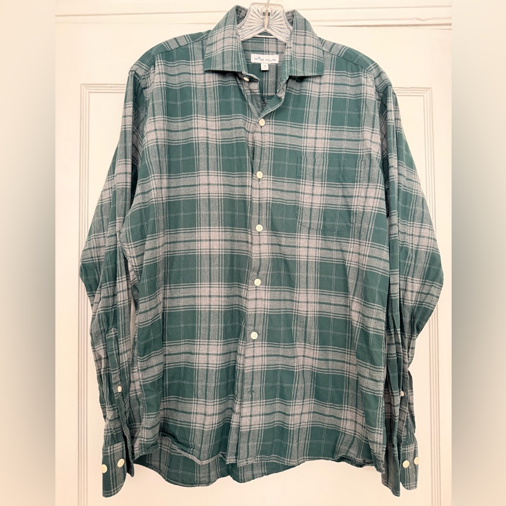 Peter Millar green gray plaid flannel shirt men’s M